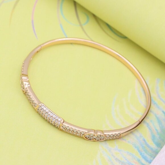 Rose Gold Bangle with Leaf Motif and Sparkling Stone Detailing, XPBL0559 - Picture 3 of 12